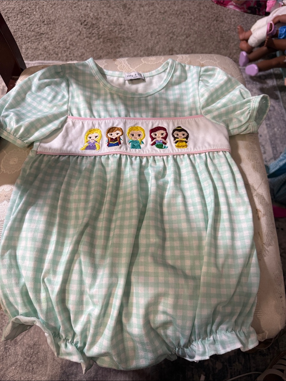 Girls Mint Check Smocked Character Bubble Pajama